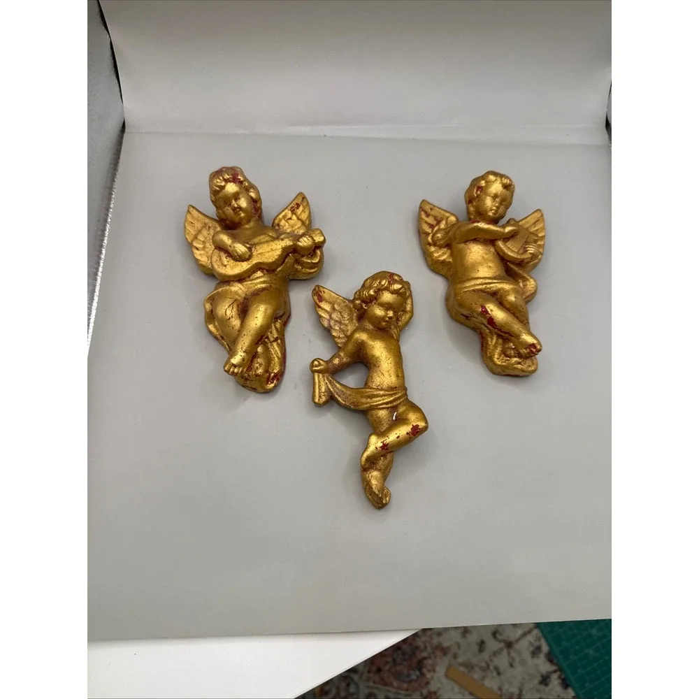 Vintage Gold Chalkware Cherub Angel Wall Hanging Set 3 Musical Figures 6 Inch